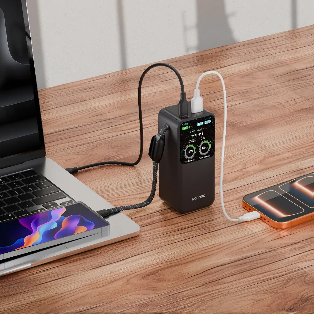 Porodo POLO II 20000mAh POWER BANK Built-in USB-C Cables - Black