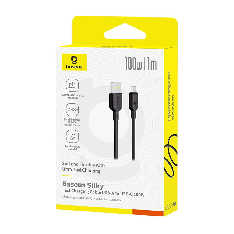 کابل فست شارژ باسئوس توان ۱۰۰ وات طول ۱ متر Silky Series USB به Type‑C